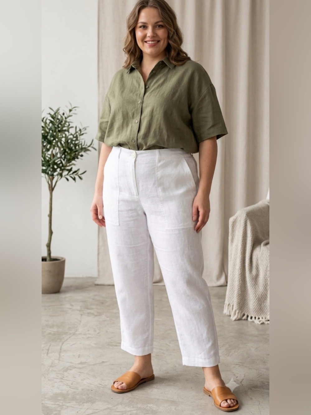 Ralph Lauren White Cropped Linen-Blend High-Waist Pants